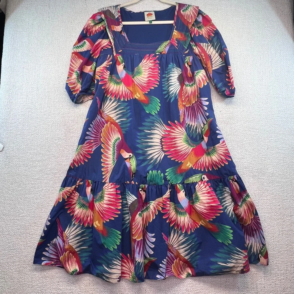 FARM Rio Parrot Print Dress Puff Sleeve Tiered Hem Tropical‎ Multicolor Small - Picture 2 of 13